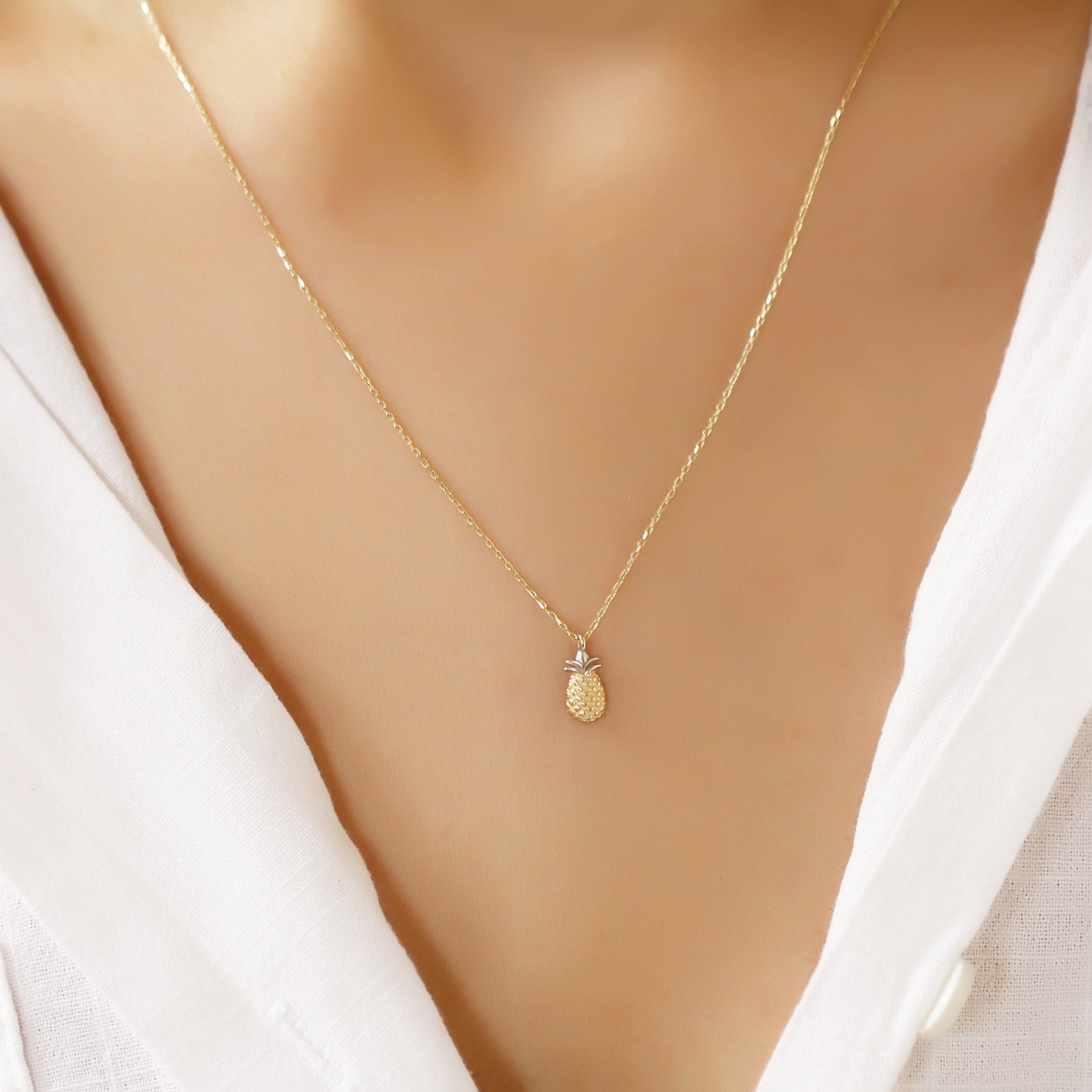 Tiny 14k Solid Gold Chain and Delicate 14k Gold Pineapple Pendant Necklace, Pineapple Necklace, Pineapple Jewelry