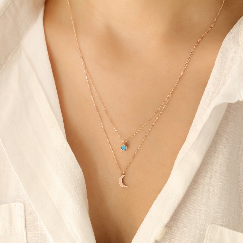 Tiny 14k Solid Gold Curb Chain and Delicate 14k Gold Turquoise Beaded Moon Layered Necklace image 1