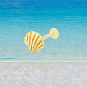 Puede incluir: Joyería corporal de oro en forma de concha marina con un poste y una pequeña bola en la parte posterior. La concha es detallada y realista.