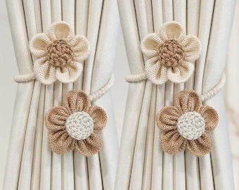 Cortinas bohemias con flores bonitas y llamativas hechas a mano, de yute, para decoración del hogar, con diseño floral natural (juego de 2)