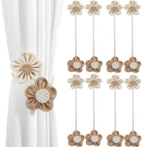 Beautiful handmade Jute, Rope Curtain Tiebacks – White & Brown Holdbacks for Floral, Neutral Drapes – Decorative Window Holders - SET OF 8