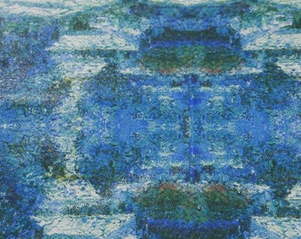 May include: Abstract painting with a blue, green, and white colour scheme. The painting has a textured surface and appears to be made with brushstrokes.
