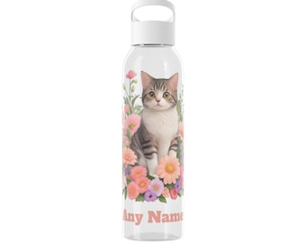 Floral Cat Water Bottle, Personalised Drink Bottle, Eco-Friendly Gift, BPA-Free Plastic