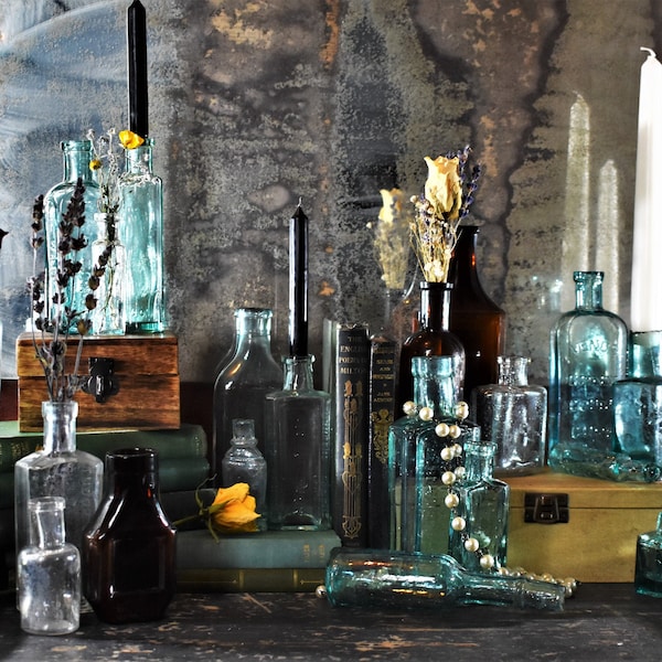 Set of 3 Antique Glass Bottles. Trio of Victorian Bottles. Vintage Brown Bottles. Green, Blue & Clear Apothecary/Ink/Food/Perfume Bottles
