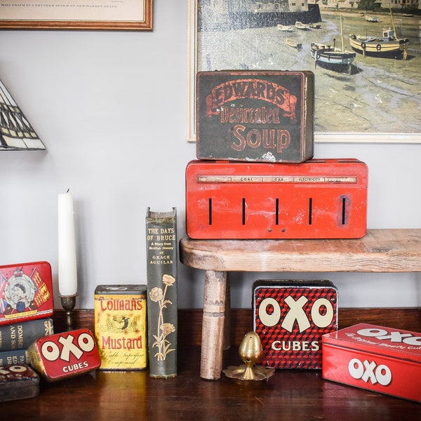 Vintage Tins. Collectable Antique Tins. Retro Advertising Tins. Boho Oxo/Soup/Food/Money Storage Tin. Small Vintage Aged Staorage Box Tin