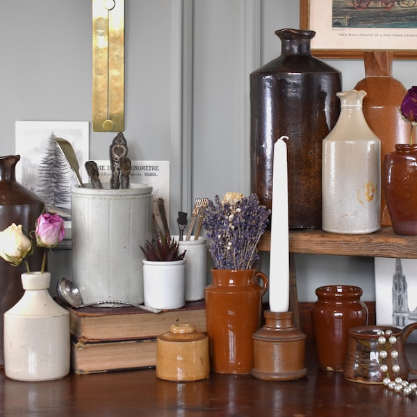 Victorian Stoneware. Set of 3, 2 or 1 Antique Cream & Brown Salt Glazed Inkwells, Cream Pots, Bottles, Vases and Jugs. Trios/Pairs/Singles.