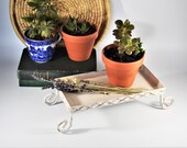 Vintage Metal Plant Stand. Distressed Plant Stand Hand Painted in Pale Latte Cream on Black with a Matt Finish. Ornate Retro Plant Stand