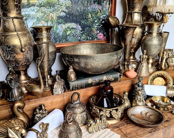 Vintage Brass Decor: Vases, bowls, bells, animals, ornaments. Etched options. Antique middle eastern and western designs