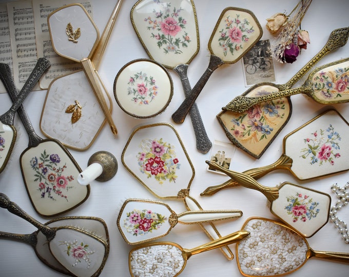 Vintage Vanity Mirror & Brush Set. Gold and Silver Antique Ornate