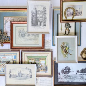 Vintage Kunst. Vintage Landschaften und Porträts, Landkarten, Original Kunstwerk, Wandteller aus Messing, Vogel, alte Geschäfte, Galeriekunst.