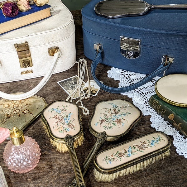 Vintage Vanity Items. Antique Victorian to Mid Century. Brush & Mirror Set / Hand Held Mirror /Vanity Beauty Case with Lock/Key. Embroidered