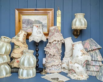 Vintage Fabric Lampshade. Small scalloped, fringed, tassel table lamp / wall sconce / chandelier shade