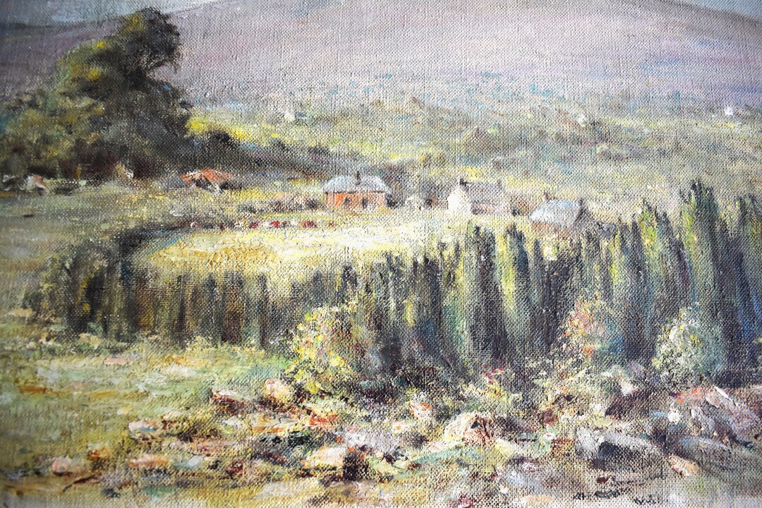 Large Vintage Landscape Painting. Antique Original Oil Painting in