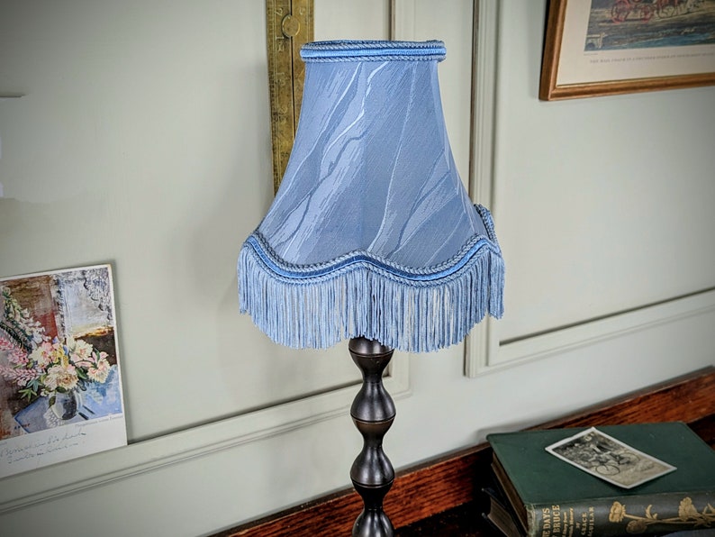 Small Vintage Fabric Lamp Shade with Tassels. Mid Century Pink, Blue, Ivory, Red Floral Retro Lampshade. Wall Sconce Scalloped/Fringed Shade 5. Pale Blue 6.5"