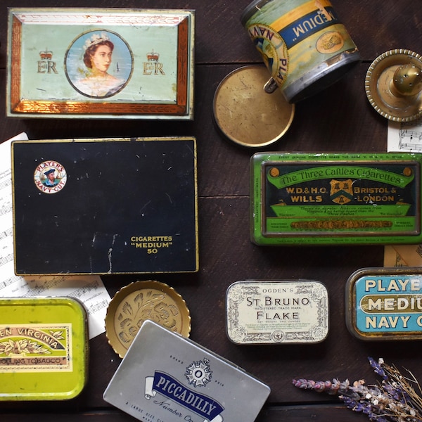 Vintage Advertising Tins. Vintage Tobacco & Cigarette Tin. Retro Early to Mid Century Storage Tins. Antique Tobacco / Cigarette Case.