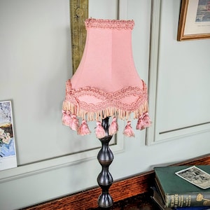 Small Vintage Fabric Lamp Shade with Tassels. Mid Century Pink, Blue, Ivory, Red Floral Retro Lampshade. Wall Sconce Scalloped/Fringed Shade 4. Blush Tassel 7"