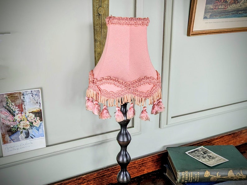 Small Vintage Fabric Lamp Shade with Tassels. Mid Century Pink, Blue, Ivory, Red Floral Retro Lampshade. Wall Sconce Scalloped/Fringed Shade 4. Blush Tassel 7"