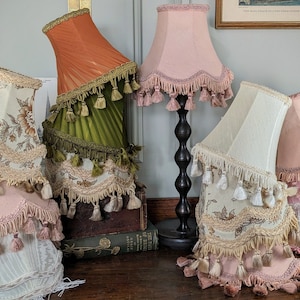 Vintage Fabric Lampshade. Boho Vintage Small Scalloped/Fringed Tassel Ivory, Pink, Green, Orange, Floral Retro Table Lamp/Wall Sconce Shade