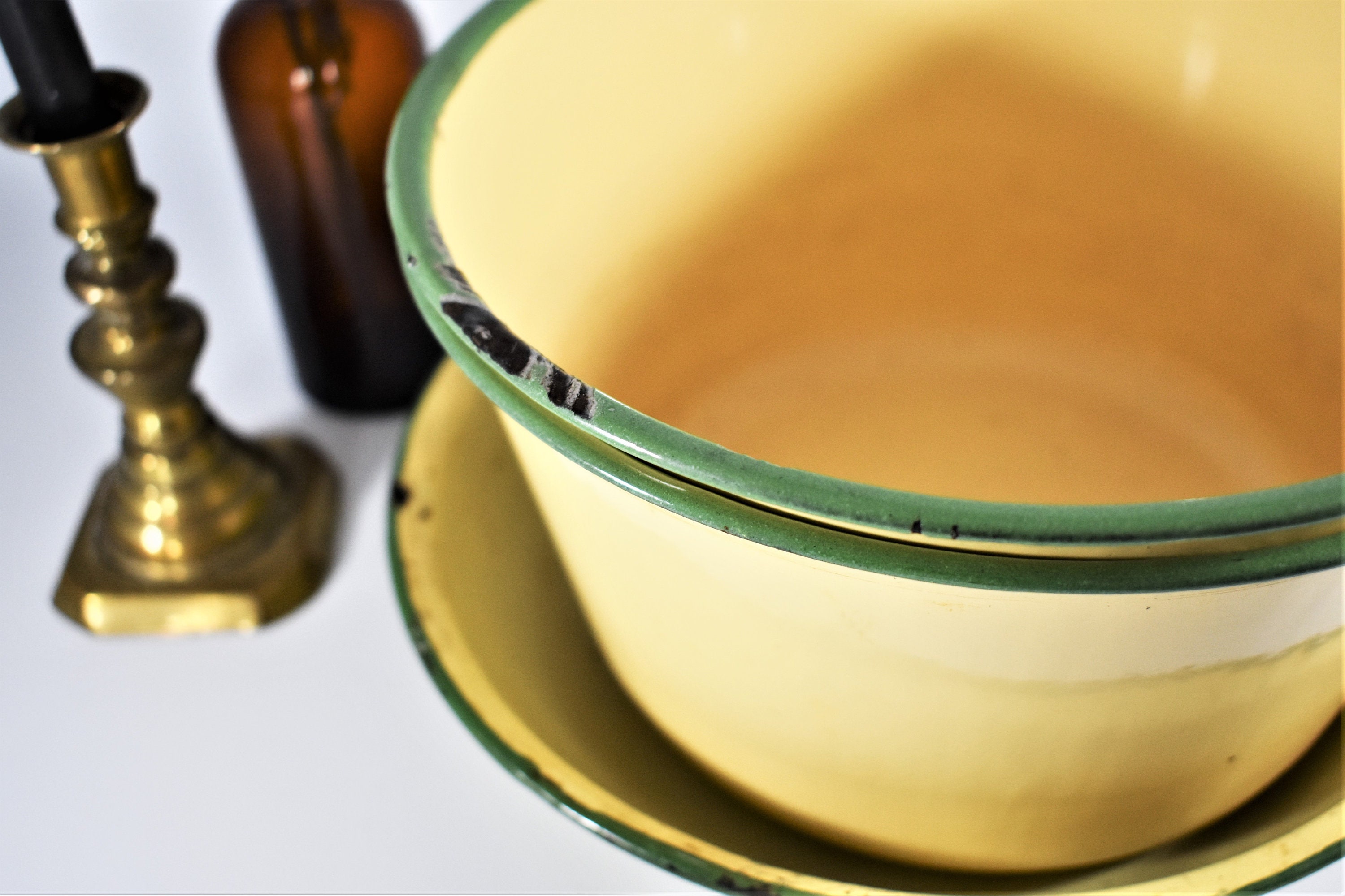 Green and Cream Vintage Enamel Bowls. Retro Round Enamel Etsy