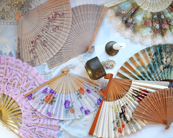 Vintage Folding Fan. Antique Handheld Fan in Bamboo, Battenburg Lace, Oriental Print, Wooden, Paper, Fabric. Hand Folding Fan Wall Art.