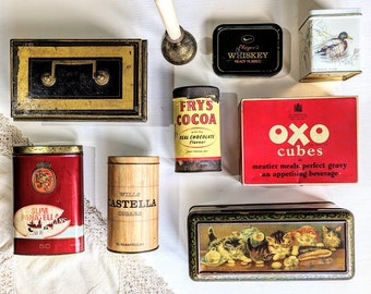 Vintage blikken. Verzamelbare antieke blikken. Retro reclameblikken. Boho Oxo/thee/sigaar/geld/koekje opslag Caddy. Kleine vintage opbergdoos.