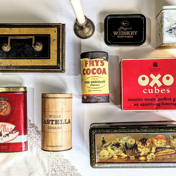 Vintage Tins. Collectable Antique Tins. Retro Advertising Tins. Boho Oxo/tea/Cigar/Money/Biscuit Storage Caddy. Small Vintage Storage Box.