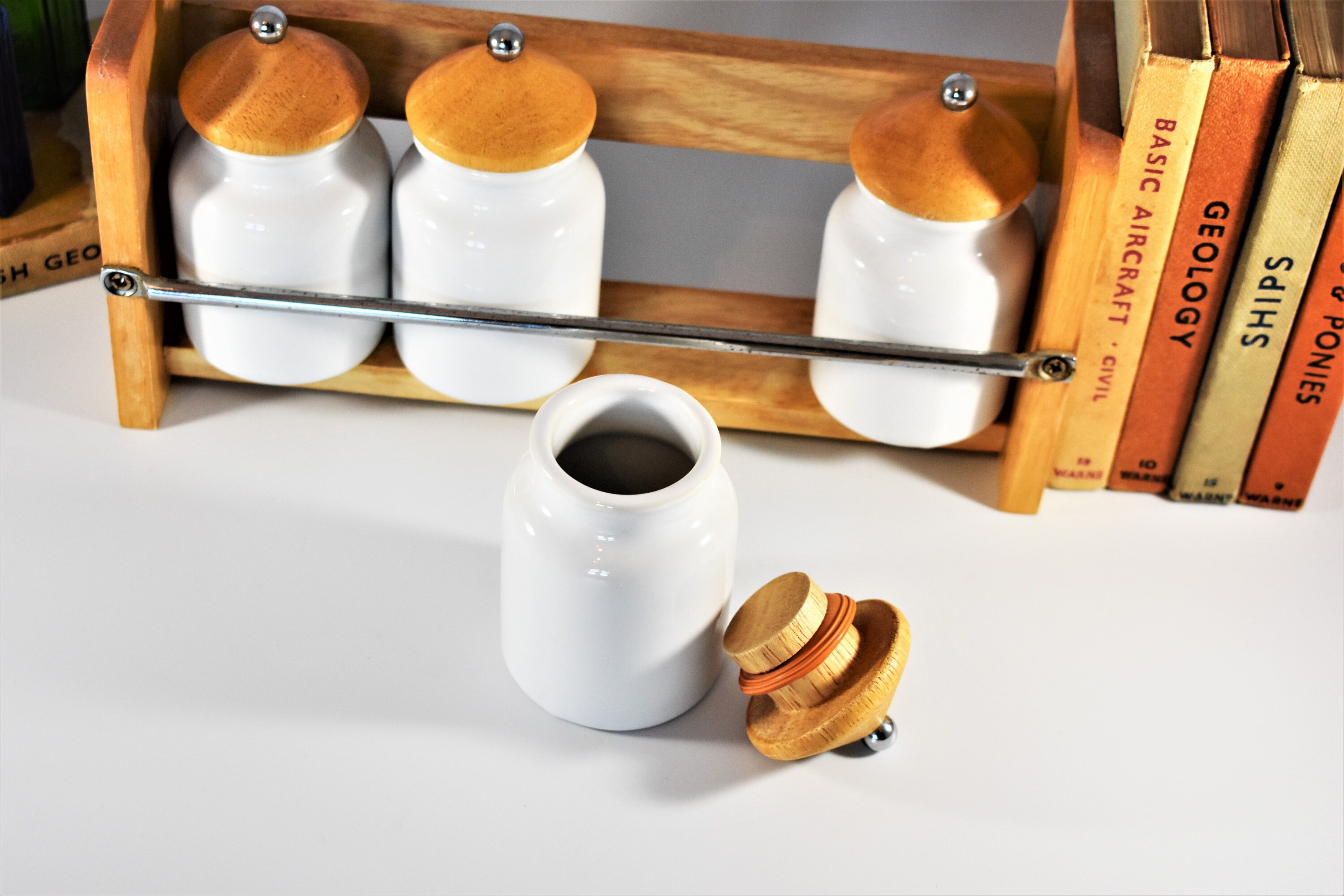 Vintage Condiment Jars. Retro Wooden Spice Rack with Ceramic Etsy