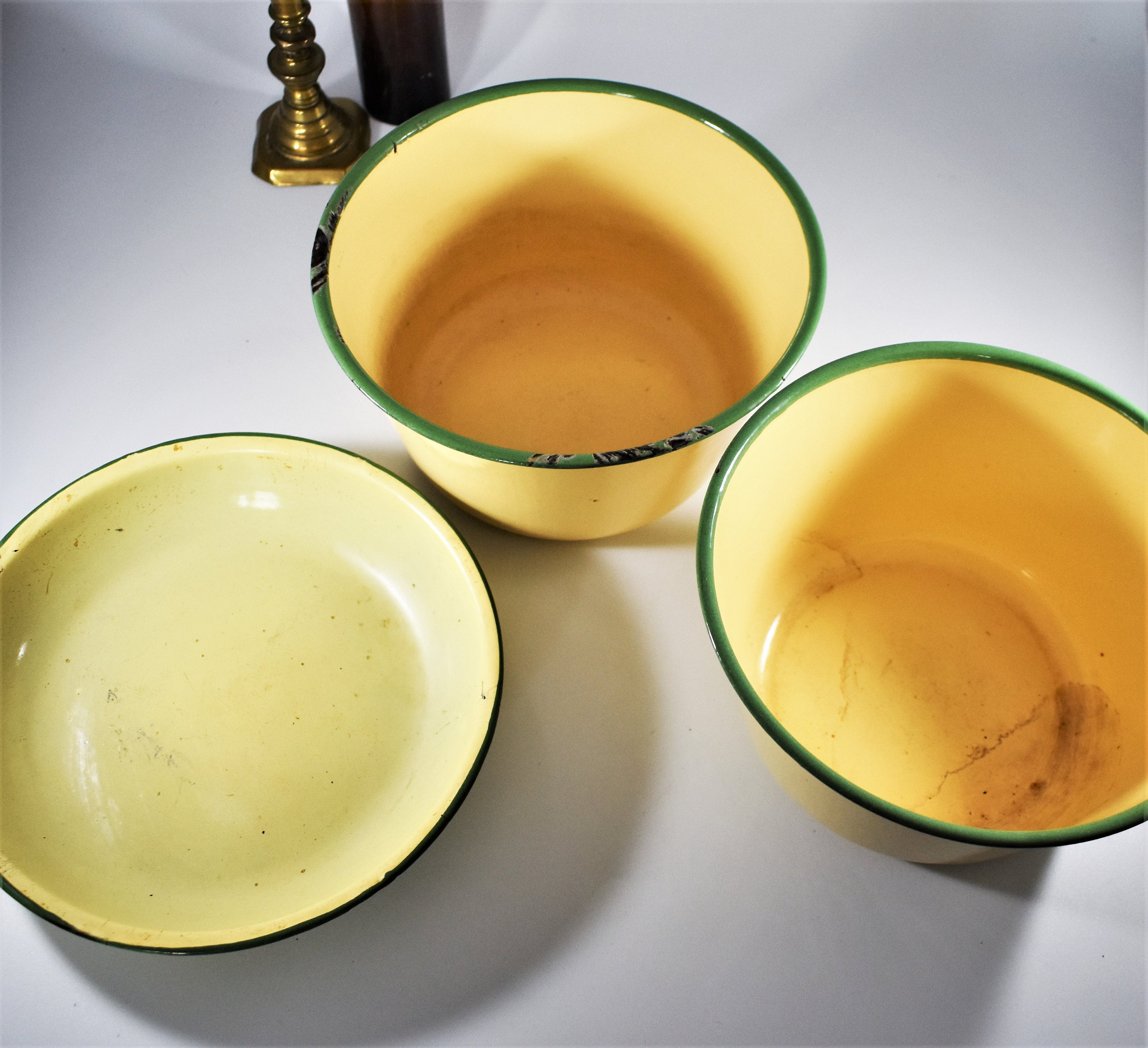 Green and Cream Vintage Enamel Bowls. Retro Round Enamel Etsy