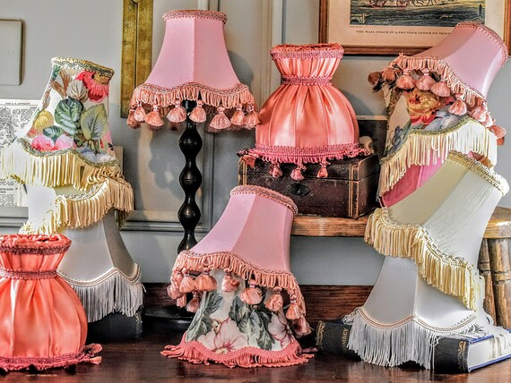 Small Vintage Fabric Lamp Shade With Tassels. Mid Century Pink