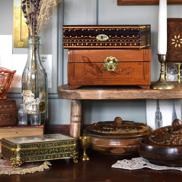 Vintage Box. Antique Wooden, Metal & Glass Trinket, Jewellery, Storage Boxes. Painted, Carved, Inlaid Aged Rustic Boho Box with Lid.