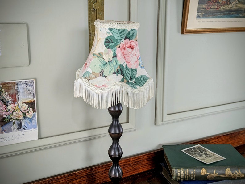 Small Vintage Fabric Lamp Shade with Tassels. Mid Century Pink, Blue, Ivory, Red Floral Retro Lampshade. Wall Sconce Scalloped/Fringed Shade 2. Floral 5.5"