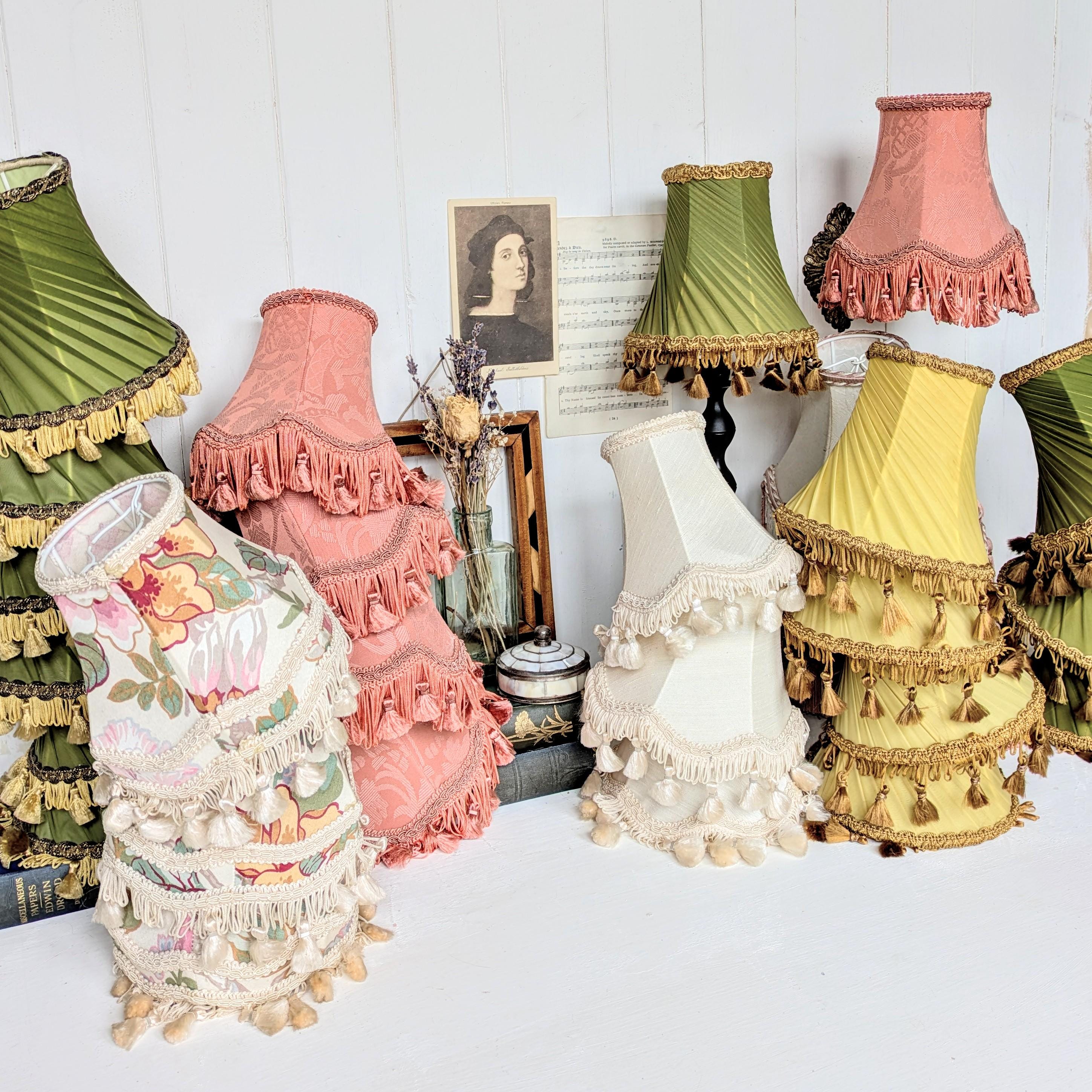 Vintage Fabric Lampshade. Small Boho Scalloped/Fringed/Tassel Ivory/Pink/Green/Yellow/Floral Petite Table Lamp/Wall Sconce/Chandelier Shade.