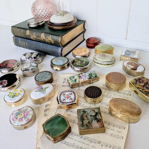 Vintage Pill Box/Snuff Box. Brass, Silver, Enamel & Onyx Boxes. Floral, Ornate Antique Pill Box. Round, Square, Oval Needle Boxes.