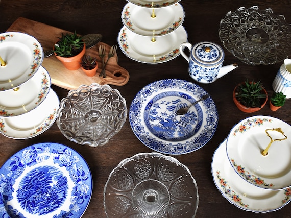 Alzata Torte Vintage 3 Piani In Ceramica - Supporto Decorato Con Rose Blu Per Dessert - Foto 9