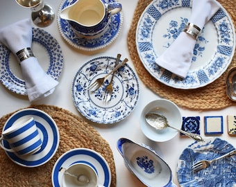 Vintage Blue and White Tableware. Antique Ceramic Plates, Cups & Saucers, Milk Jug and Gravy Boat in Blue/White Floral, Retro, Scenic Design