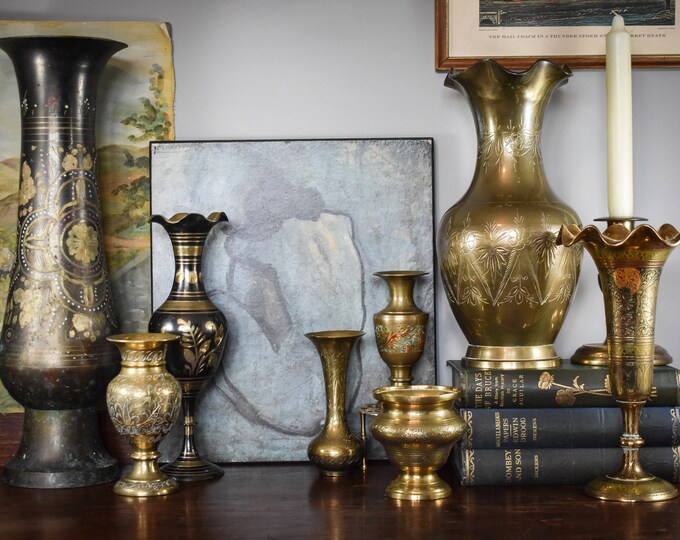 Antique Brass Vase. Vintage Hand Etched Brass Vase. Painted Etsy