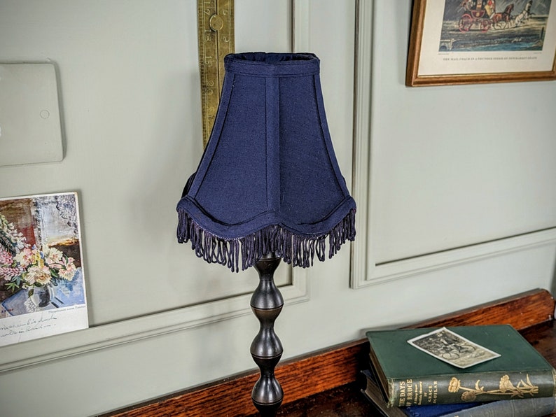 Small Vintage Fabric Lamp Shade with Tassels. Mid Century Pink, Blue, Ivory, Red Floral Retro Lampshade. Wall Sconce Scalloped/Fringed Shade 3. Navy Blue 6"