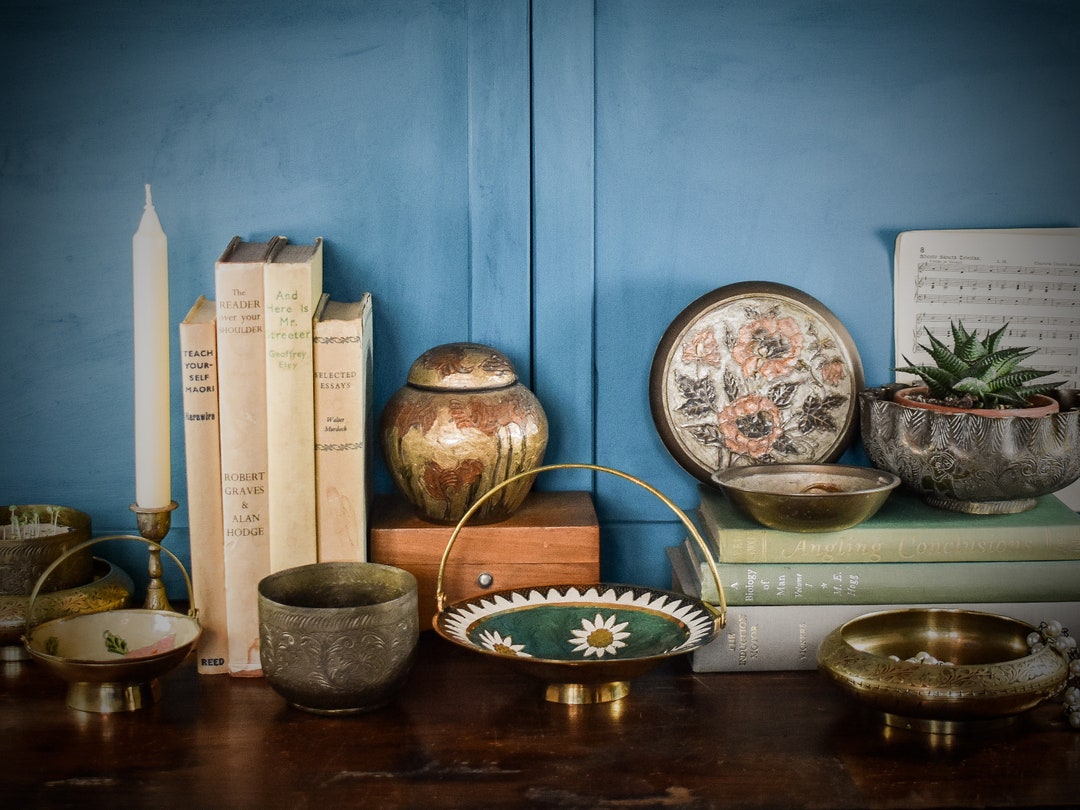 Vintage Brass Trinket Bowl. Antique Brass Trinket Box With Lid. Enamel