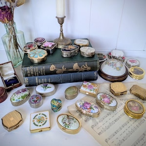 Vintage Pill Box/Snuff Box. Brass, Silver, Mother of Pearl & Onyx Boxes. Floral, Ornate Antique Pill Box. Round, Square, Oval Needle Boxes