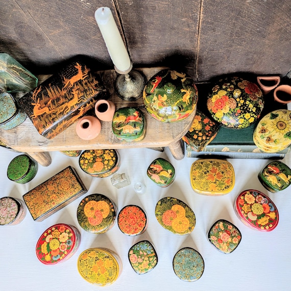 Vintage Trinket Boxes. Antique Handmade Lacquered Papier Mache Box