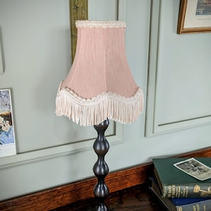 Small Vintage Fabric Lamp Shade with Tassels. Mid Century Pink, Blue, Ivory, Red Floral Retro Lampshade. Wall Sconce Scalloped/Fringed Shade 1. Pale Pink 6"