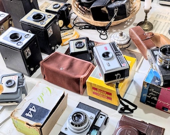 Cámara vintage. Modelos de caja/instantánea/réflex de los años 30 a los 70. Kodak Brownie, Instamatic, Halina, Agfa, Ilford. Regalo para fotógrafos.