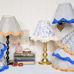 Handmade Vintage Inspired Lampshade: Floral, Stripe Fabric Shade with Fringe