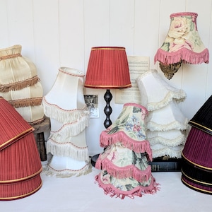 Small Vintage Fabric Lamp Shade with Tassels. Pink/Black/Maroon/Ivory/Red/Floral Lampshades. Wall Sconce/Chandelier, Scalloped/Fringed Shade