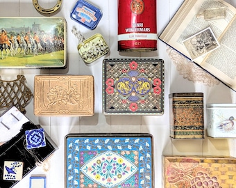 Vintage Tins. Collectable Antique Tins. Retro Advertising Tins. Boho Tobacco/Tea/Biscuit/Toffee Storage Tin. Small Vintage Aged Staorage Box