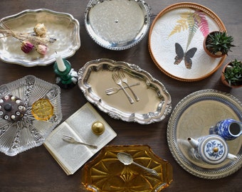 Vintage Tray. Mid Century Vanity, Serving & Galleried Drinks Trays in Silver, Glass and Bamboo. Silver Plated, Orange Glass Decorative Trays