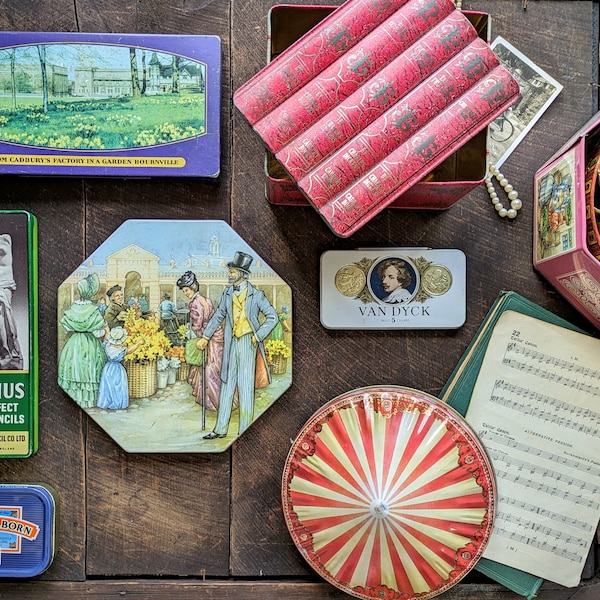 Vintage Tins. Collectable Antique Tin. Retro Advertising Tin. Boho Toffee/Tobacco/Cigar/Pencil/Chocolate/Biscuit Tin. Small Staorage Box.