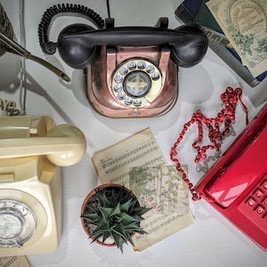 Vintage Rotary Dial & Push Button Telephones. Antique 1950s Belgian Copper / Retro 1980s  Red Vanguard / 1970s Cream Post Office Telephone.