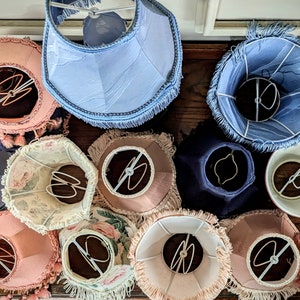 Small Vintage Fabric Lamp Shade with Tassels. Mid Century Pink, Blue, Ivory, Red Floral Retro Lampshade. Wall Sconce Scalloped/Fringed Shade image 10