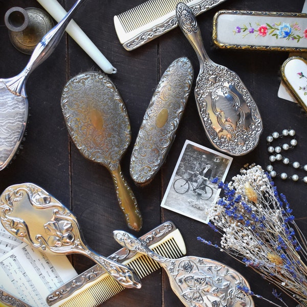 Vintage Vanity Hair Brush & Comb/Clothes Brush Set. Silver and Gold Antique Dressing Table Brush Set. Mid Century Hand Held Vanity Set.